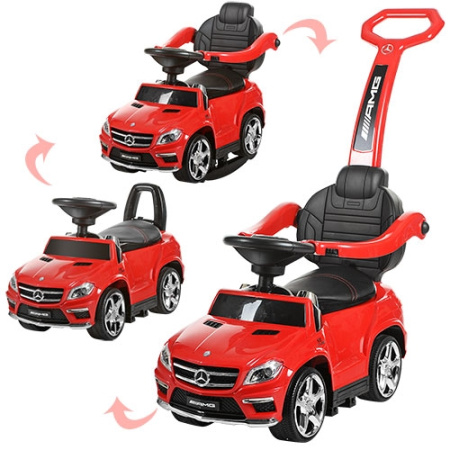 фото Каталка-толокар для детей 3в1 M 3186L-3 с родительской ручкой кожаное сиденье (красный)