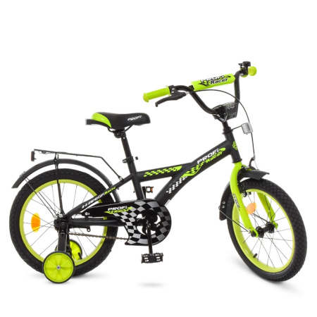 фото Велосипед для детей 16 дюймов Profi T1637 Racer со страховачными колесами (черно-салатовый)