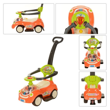 фото Детская каталка-толокар Q 07-3-7 машинка-каталка с родительской ручкой (оранжево-бежево-зеленая)