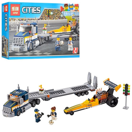 фото Конструктор для детей Lepin 02025 трейлер с гоночной машиной (360 деталей)