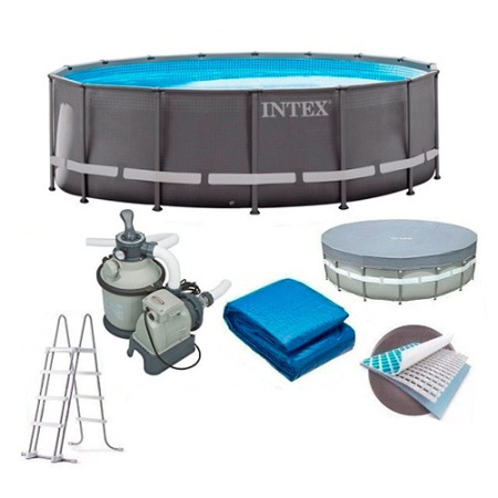 фото Круглый каркасный бассейн Intex 26720 фильтр-насос лестница подстилка тент (427-107 см)