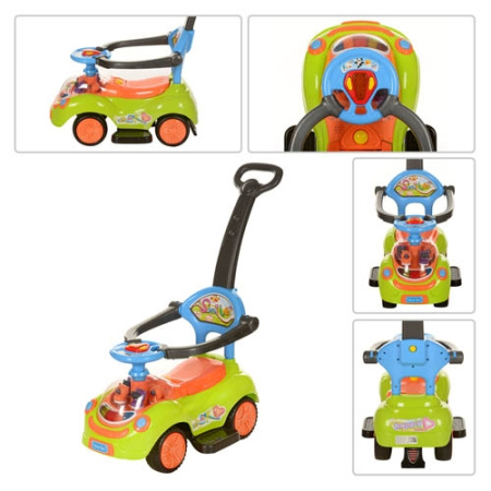 фото Детская каталка-толокар Q 07-3-5 машинка-каталка с родительской ручкой (зелено-оранжево-голубая)